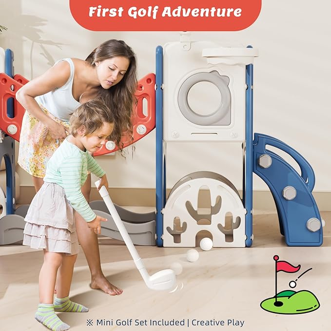 KORIMEFA 11 in 1 Toddler Slide and Swing Set, Kids Slide for Toddlers, Outdoor Indoor Playground for Toddlers 1-3, Toddler PlaySet with Basketball Hoop and Ball Golf Set, Climbing Arch(Red & Blue)