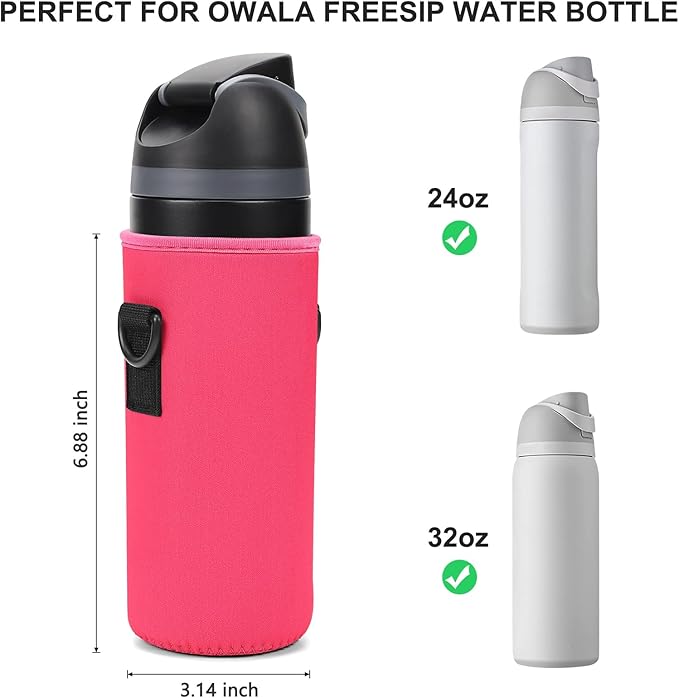 Neoprene Water Bottle Carrier Bag with Adjustable Shoulder Strap for Owala 24 OZ Tumbler, Insulated Water Bottle Cover for Owala FreeSip Insulated Water Bottle (Bright Pink, 24 OZ)