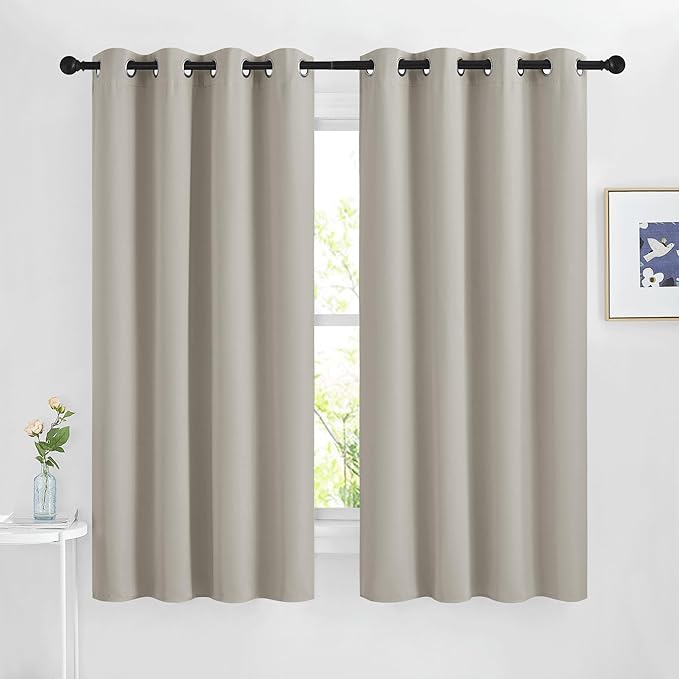 NICETOWN Room Darkening Bedroom Curtains 63 inches Long, Window Treatment Thermal Insulated Solid Grommet Voice Reducing Drapes for Kids Room, Natural, Set of 2, W46 x L63