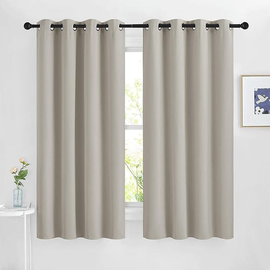 NICETOWN Room Darkening Bedroom Curtains 63 inches Long, Window Treatment Thermal Insulated Solid Grommet Voice Reducing Drapes for Kids Room, Natural, Set of 2, W46 x L63