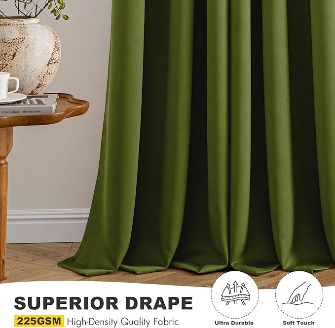 MIULEE Light Olive Green Blackout Curtains for Bedroom Living Room 96 Inches Long 2 panels, Thermal Insulated Room Darkening Drapes Grommet Top Noise Reducing Light Blocking Window Curtains 40x96 Inch