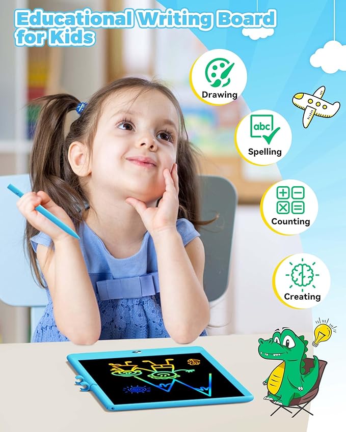 KOKODI 10 Inch LCD Writing Tablet with Anti-Lost Stylus, Erasable Doodle Board Colorful Toddler Drawing Pad, Car Travel School Games Toys for 3 4 5 6 7 8 Kids, Birthday Gift for Girls Boys Adults Blue