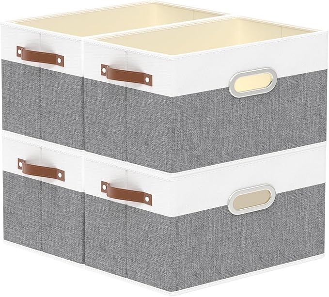 Yawinhe Fabric Storage Baskets, Foldable Closet Organizer for Shelves, Large Boxes with 3 Handles, Canvas Bins for Clothes, White/Grey, 12.99''Lx9.05''Wx7.87''H, 4-Pack