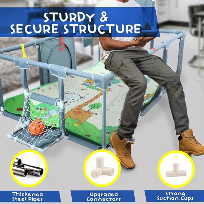 Upgrated Baby Playpen with Mat, Playpen for Babies and Toddlers, Large Playpen with Mat, Sport Playpen, Play Pen with Accessories, Baby Fence, PlayPen Indoor & Outdoor Activity, Sturdy Kids