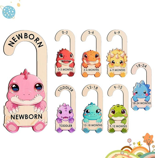Baby Clothes Dividers for Closet - Wooden Baby Size Closet Dividers Newborn to 24 Months, Unique Dinosaur Design Babies Clothes Organizer for Nursery Decor Gender-Neutral Newborn Hangers (Set of 8)