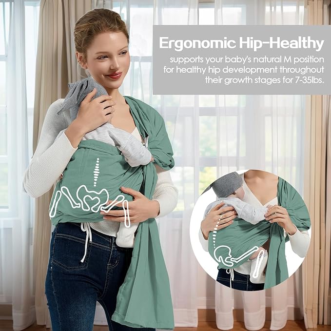 Baby Wrap Ring Sling 7-35 lbs, Baby Sling Carrier for Newborn, Toddler, Infant Holder, Lightweight Baby Carrier Wraps, Green