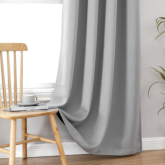 ChrisDowa 100% Blackout Curtains for Bedroom with Black Liner, 2 Thick Layers Total Blackout Thermal Insulated Grommet Small Window Curtains 54 Inch Long 2 Panels Set (Light Grey, 52 x 54 Inch)