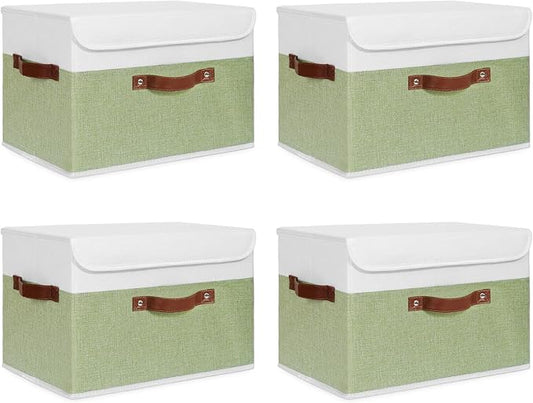 ANMINY 4PCS Storage Boxes with Lid Washable Decorative Storage Bins Basket with PU Leather Handle Foldable Linen Fabric Storage Cubes Containers for Home Closet Organizer - Green White, Large Size