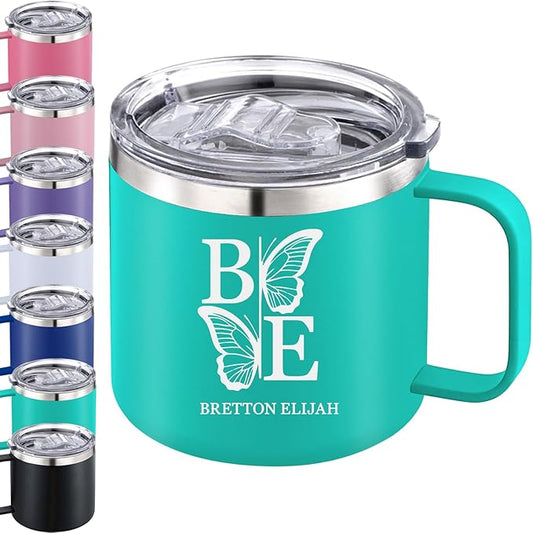 Personalized Mug Cup with Handle 12/14oz Custom Stainless Steel Mugs Customized Name Coffee Tumbler for Women Men Student Family Office Gifts, Initials