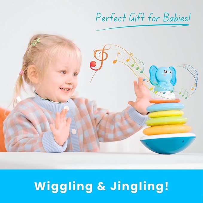 PlenPLAY Baby Tummy Time Toys - Musical Stacking Rings for Toddlers 1-3, Sensory Learning Toys with Elephant Themed Stackable Rings