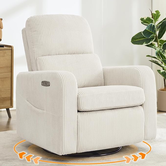 Swivel Rocker Recliner, Oversized Power Recliner Glider with Removable Cushion, Upholstered Swivel Reclining Nursery Chairs for Living Room Bedroom, Corduroy White