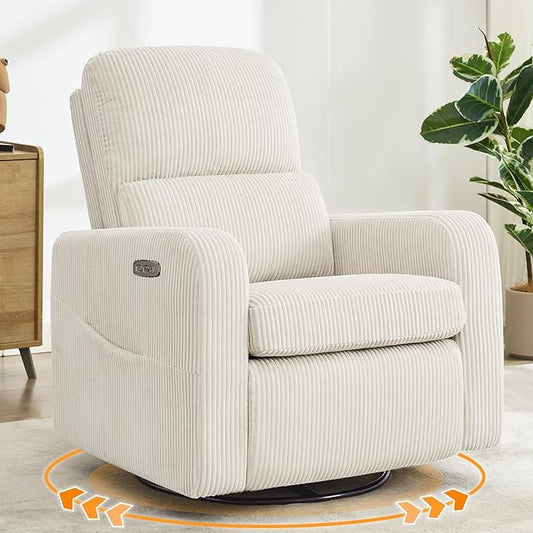Swivel Rocker Recliner, Oversized Power Recliner Glider with Removable Cushion, Upholstered Swivel Reclining Nursery Chairs for Living Room Bedroom, Corduroy White