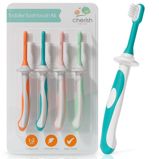 Cherish Baby Care Toddler Toothbrushes 1-2 Years (4-Pack) - BPA-Free & Safety-Tested Kids Toothbrush Kit, Designed by a Pediatric Dentist, Soft-Grip Toothbrush for Kids, My First Toothbrush Set