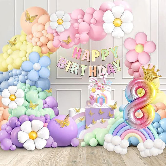 Pastel Balloons 8th Birthday Decorations for Girls, 219 Pastel Balloon Garland Kit with Flowers, Happy Birthday Banner, Cake Topper, 3D Butterflies, Number 8 Balloon for PastelBirthday Decorations