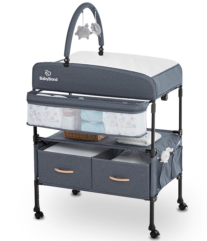 BabyBond Portable Baby Changing Table with 2 Storage Baskets, Foldable Diaper Changing Table Dresser Waterproof Height Adjustable Changing Station for Infant and Newborn(Grey)