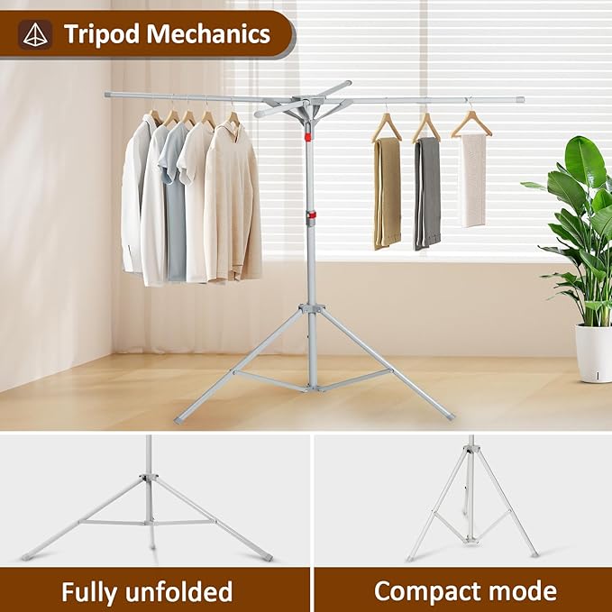 Tripod Drying Rack Height Adjustable, 2025 Upgraded Foldable Portable Standing Drying Rack,Carbon Steel Material Drying Rod, Easy to Install,Use for Indoor and Outdoor Clothes, Towel Drying