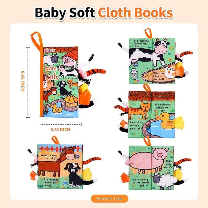 Jollybaby Baby Cloth Books, Touch & Feel Crinkle Soft Books, for Infants Babies, Toddler Early Educational Interactive Stroller Toys, Baby Girl & Boy Gift(Farm Tails)