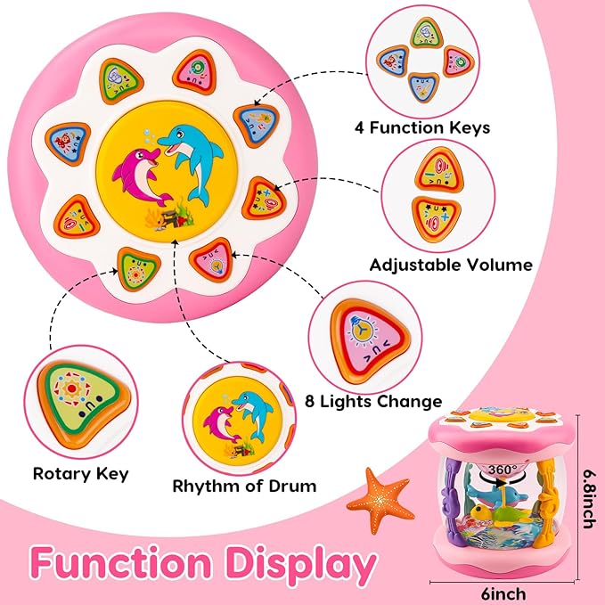 Baby Musical Light Up Toys 0-6 Months Tummy Time Ocean Projector Rotating Infant 0-3 4 5 6 7 8 9 Months Baby Aquarium Crawling Pink Toys Babies 6-12 Month Girls 1 2 Year Old Birthday Newborn Gifts
