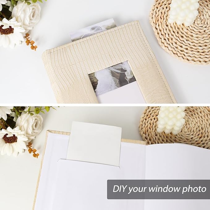 RECUTMS Photo Album for 4x6 Pictures,Leather Cover with Front Window,50 Sheets Small Slip-in Photo Book 300 Photos with Writing Space for Wedding Family Baby Graduation (Beige)