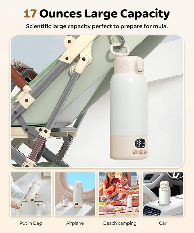 Portable Bottle Warmer for Travel, 17 Ounces Milk Warmer for Baby Breastmilk with Fast Heating & Precise Temp Control, Bottle Warmer for Car, Outdoors