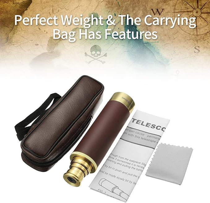 NewDoar 25x30 Zoomable Monocular Vintage Pirate Telescope - Waterproof Aluminum Alloy Brass Adjustable Optics Telescope for Travel Navigation Sailing Voyage View Watching Games(Gold)
