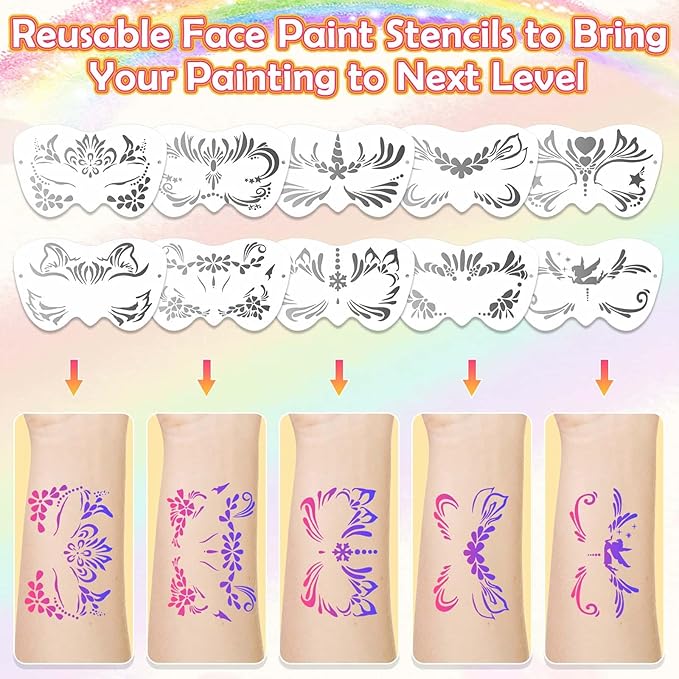 Professional 69 Colors Face Painting Kit for Kids – Washable Skin Watercolor Non-Toxic Body Paint Face Glitter Makeup Palette with Stencils, Gems, Brushes– for Kids Party Cosplay Halloween FX