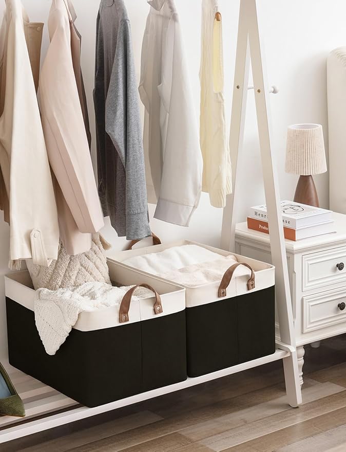 StorageWorks Storage Bins, Fabric Storage Bins for Shelves, Extra Large Storage Baskets with Metal Frame, Closet Baskets and Bins with Handles, Jumbo, Black and White, 2-Pack