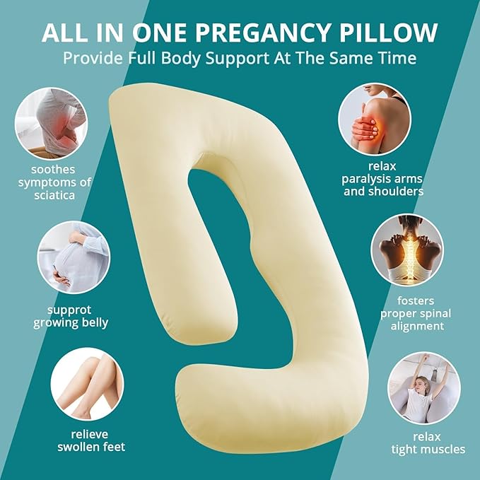 Sasttie Pregnancy Pillows for Sleeping, U Shaped Cooling Full Body Pregnancy Must Haves, 57 Inch Maternity Pillow for Pregnant Women, Pillow with Removable Cover for Side Sleeper, Light Yellow