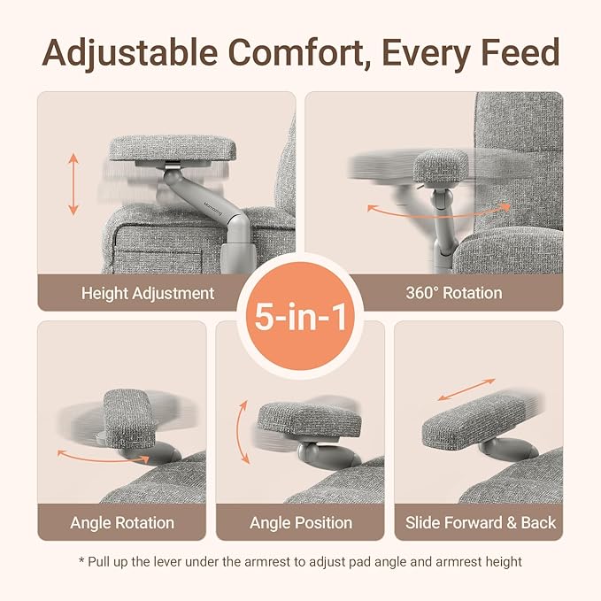 Nursery Swivel Glider Recliner Chair with Adjustable Armrests & Headrest, Rocking Chair Nursery with Removable Cover for Breastfeeding, FSC & Oeko-TEX Certified, Grey