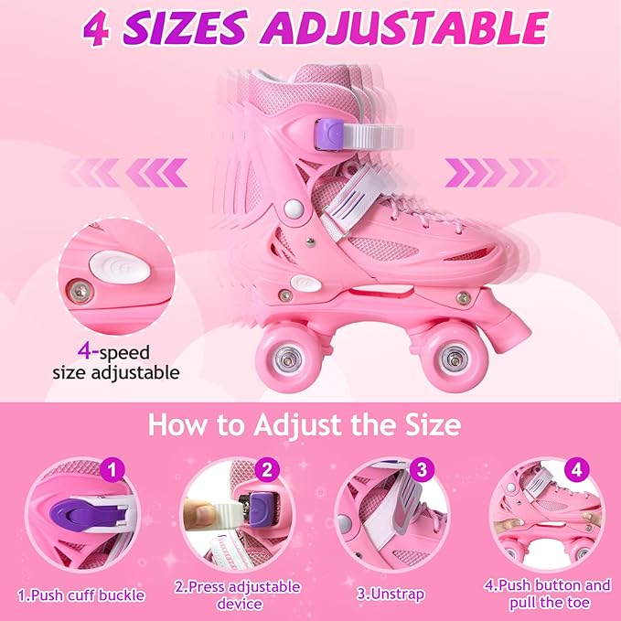 Rainbow Toddler Roller Skates - Size 4 Adjustable | Light Up Quad Skates for Girls & Boys Beginners Aged 3-12