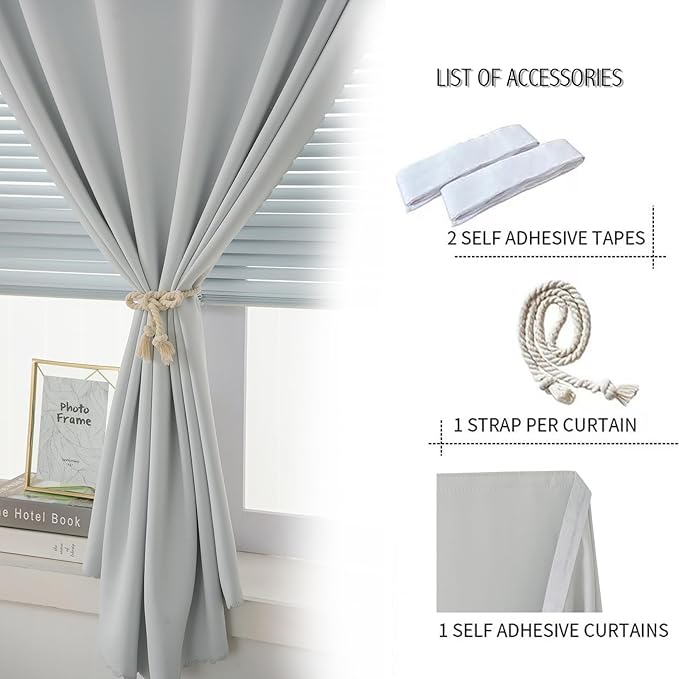 self Adhesive Curtains Portable Blackout Curtain Simple and Easy to Install Bedroom Window Thermal Lnsulated Kitchen Room Darkening Black Small Drapes, 47" W X 59" L, White, 1 Panel