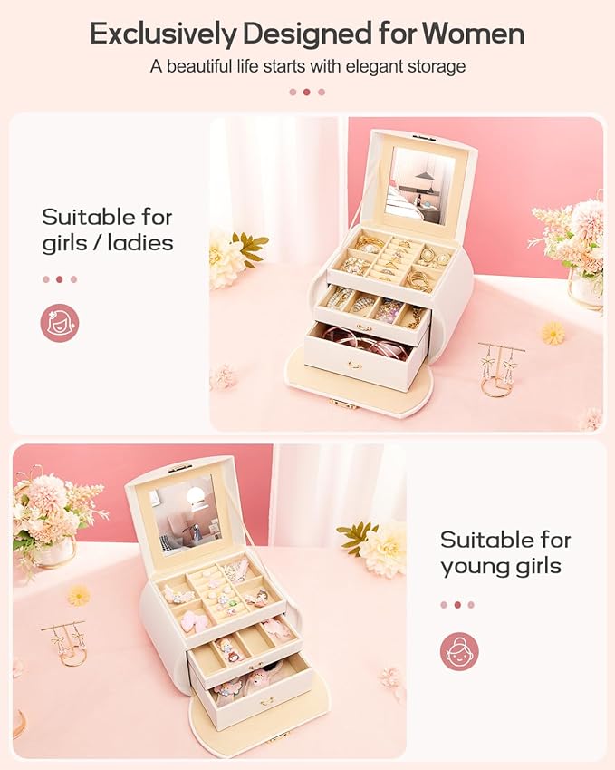 Homde Girls Jewelry Box Jewelry Storage Case Organizer with Mirror for Rings, Earrings, Bracelets, Necklaces (White + Gold)