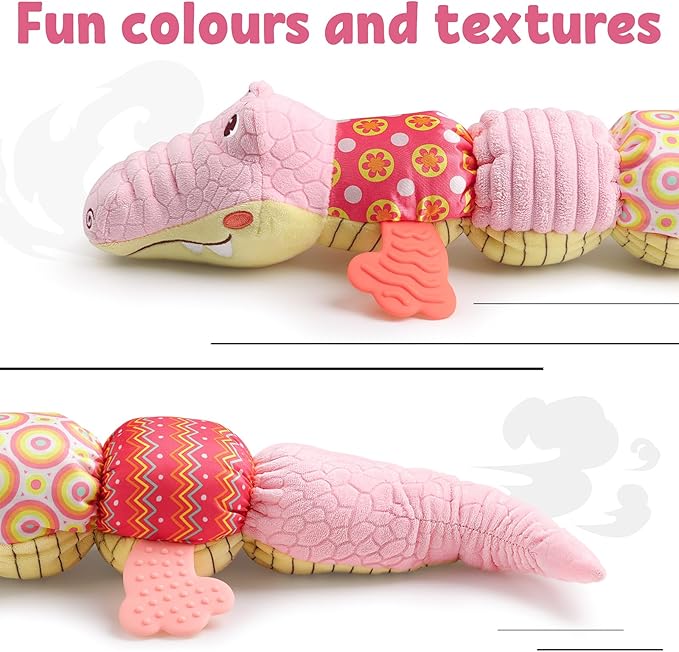 LIGHTDESIRE Baby Toys Musical Crocodile,Infant Toys Stuffed Animals Toy with Ruler Design and Ring Bell,Baby Teething Toy for Tummy Time Newborn Boys Girls 0 3 6 12 Months(Pink)