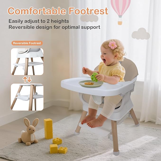 9 in 1 Convertible Baby High Chair with Booster, Wooden Highchair for Babies and Toddlers with Adjustable Tray & 5-Point Harness, Multi-Functional Growing Seat for Feeding, Learning & Play, Beige