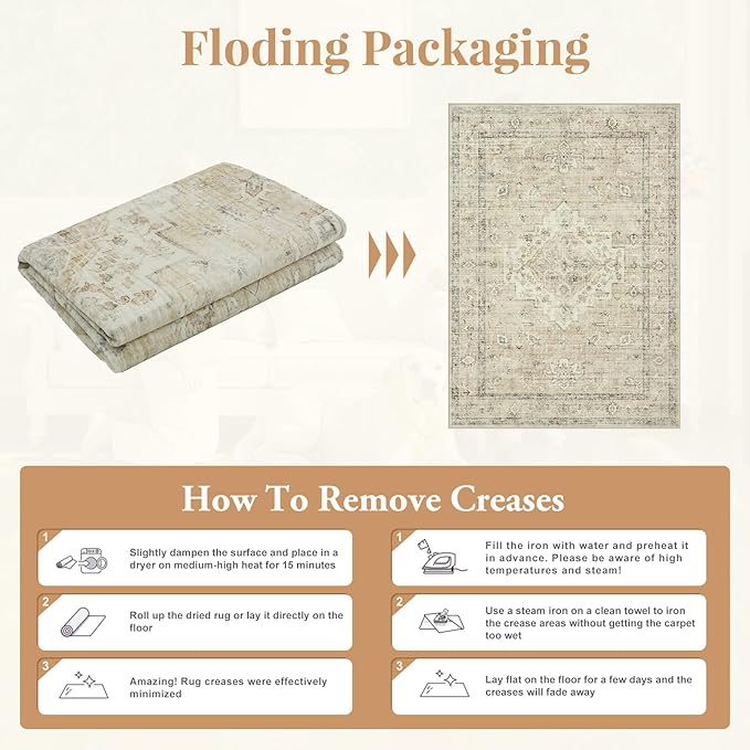 LIVEBOX Washable 2x6 Runner Rug for Bathroom, Non Slip Kitchen Mats for Floor Entryway, Boho Indoor Front Door Mat Low-Pile Runners for Hallways, Farmhouse Rugs for Bath Laundry, Tan