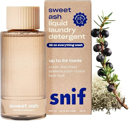 Snif Sweet Ash Laundry Detergent, Low Key Sweet and Earthy Scent, 64 Loads, Non-Irritating to Skin, Clean, Non-Toxic, Vegan, Cruelty Free, 32oz