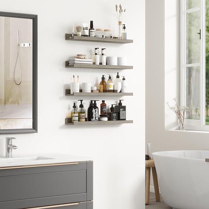 Picture Ledge Shelf - 24 Inches Floating Shelves Set of 2 - Rustic Elm Wood Ledge Shelves for Toys Storage, Kids Bookshelf Wall Mounted for Bedroom, Living Room, Kitchen - 24 Inches - Grey