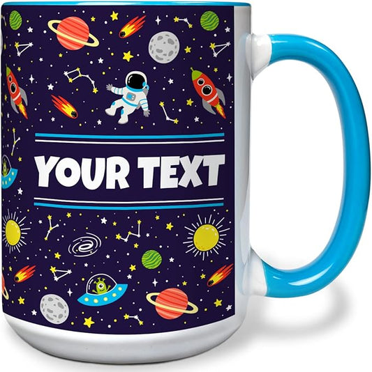 Personalized Mug for Kids - Outer Space - Custom Name/Text, Ceramic Hot Chocolate/Cocoa/Coffee Cup for Boys/Girls, Birthday/Christmas/Holiday Gift - 15 oz, Light Blue Handle
