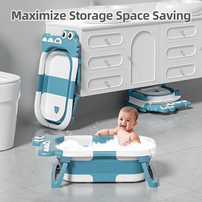 MoreFeel Collapsible Baby Bathtub for Newborn with Thermometer & 1 Hooded Towel & 1 Soft Floating Cushion,Portable Travel Bathtub with Drain Hole, Durable Foldable Baby Tubs for Infants to Toddler