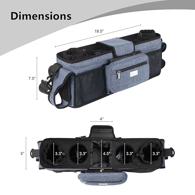 TOPDesign Universal Baby Stroller Organizer, Double Stroller Caddy with Detachable Mesh Bag & Heightened Insulated Cup Holders & Non-Slip Secure Hooks Accessories, Fits Most Strollers (Blue)