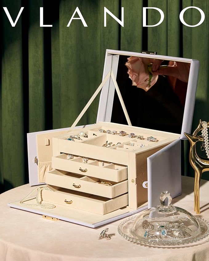 Vlando Jewelry Box for Girls, 4-Tier Jewelry Organizer with Lock, Mirror Jewelry Box for Earring, Ring, Necklace and Bracelets - Purple