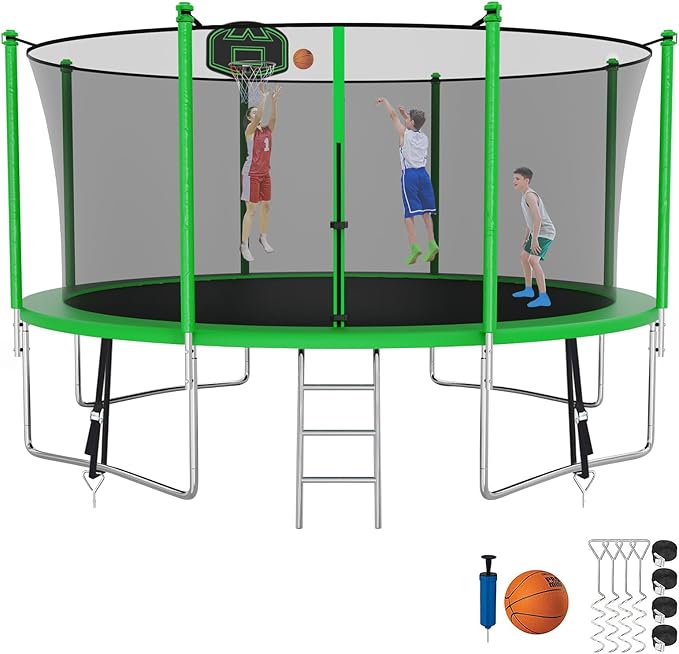 SKYUP Tranpoline 1500LBS 16 15 14 12 10 8 FT Tranpoline for 7-10 Kids and Adults, Windproof Outdoor Tranpoline with Enclosure Net, Basketball Hoop, Easy to Install & Last Long - ASTM Approved