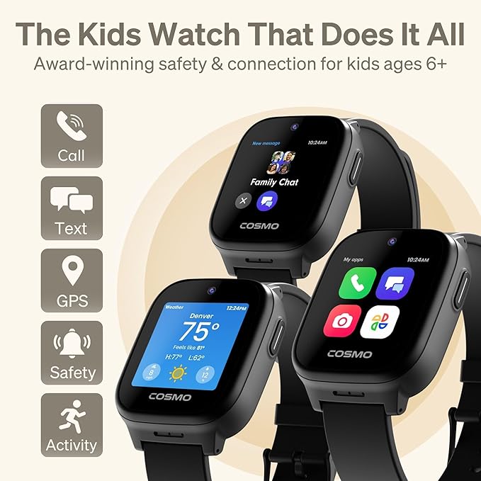 JrTrack 5 Kids Smart Watch by Cosmo | Best Kid-Safe Phone Watch | Precision Real-Time GPS Tracking | Call, Text, Activity, School Settings | Spotify Music | Parental Controls | SOS & Safety Alerts