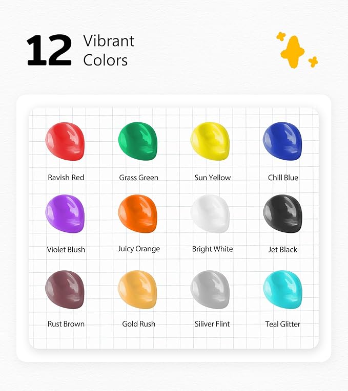 TMOL Washable Paint for Kids 12 Colors, Non-Toxic, Safe & Washable for Toddlers, Tempera Paint with Brushes, Palette & Bucket, School Project Art Supplies