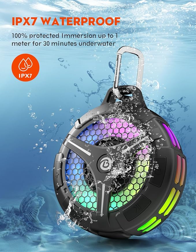 Waterproof Bluetooth Shower Speaker, Suction Cup, Small Portable Wireless IPX7 Waterproof Outdoor Speakers, Loud Stereo Sound Deep Bass, TWS Pairs, 6 Mode RGB Lights, All Ages Gift for Christmas
