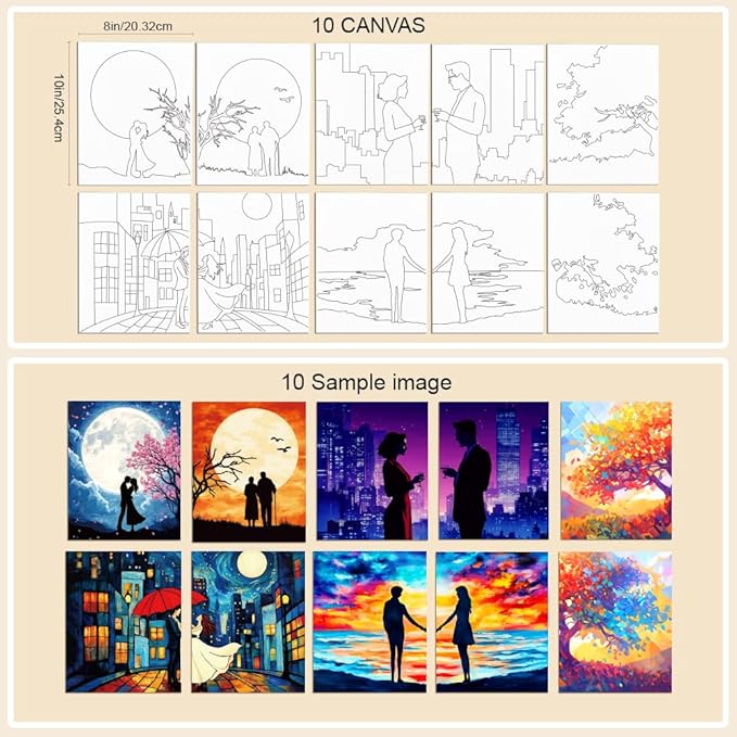 WEBEEDY 10 Pcs Sip and Paint Canvas Set Pre Drawn for Painting, Valentines Painting Kit for Couples Date Night, Art Painting Supplies, Home Date Night Activity, Sip Party Decor, 203x245mm/8x10