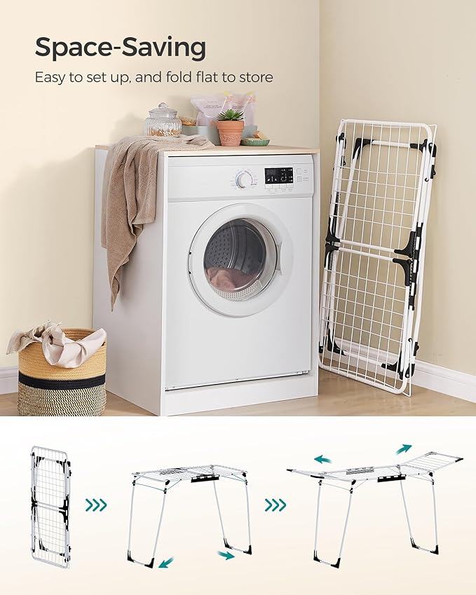 SONGMICS Clothes Drying Rack Foldable, Gullwing Laundry Drying Rack, Space-Saving, 22.2 x 68.1 x 38 Inches, Sock Clips, Metal Structure, for Clothes, Towels, Linens, Indoor, Outdoor White ULLR518W01