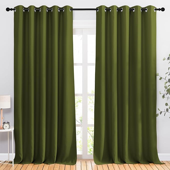 NICETOWN Room Darkening 118 inch Long Curtains, Grommet Thermal Drapes Weighted Room Divider Wide Window Treatments for Living Room, W66 x L118, Olive, 2 Panels