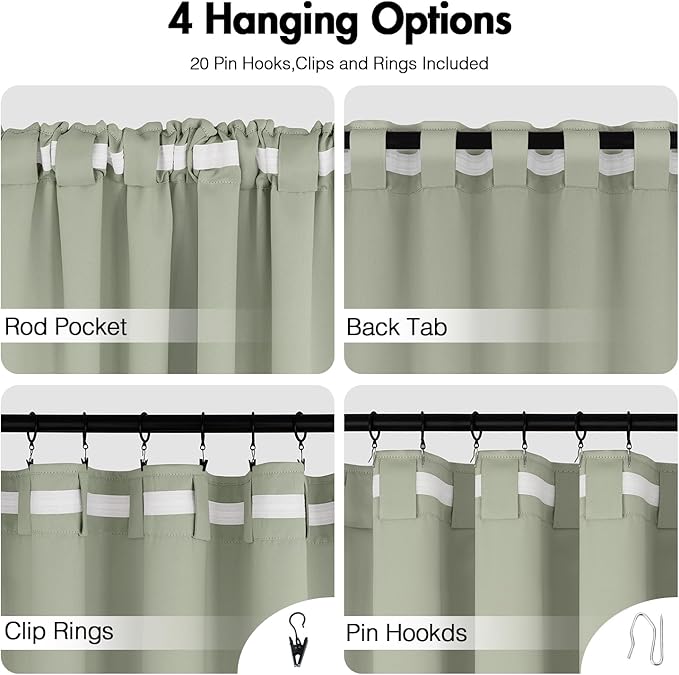 ANRODUO Sage Green Room Darkening Curtains 96 Inch Long Thermal Insulated Black Out Drapes with Hooks, Rings, Clips Light Blocking Soundproof Soft Curtains for Bedroom Panels