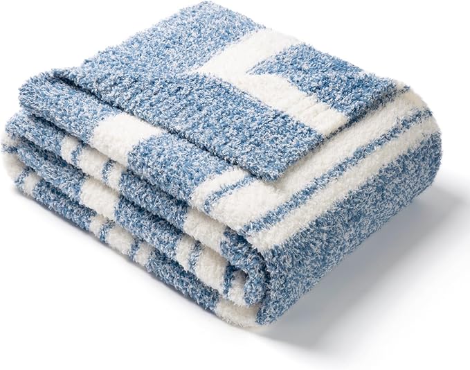 Snuggle Sac Queen Size Bedding Blankets, Oversized Bed Blankets Super Soft Warm Cozy Knit Fuzzy Blankets for Bed, Bedroom, Stripe Blue, 90"x90"